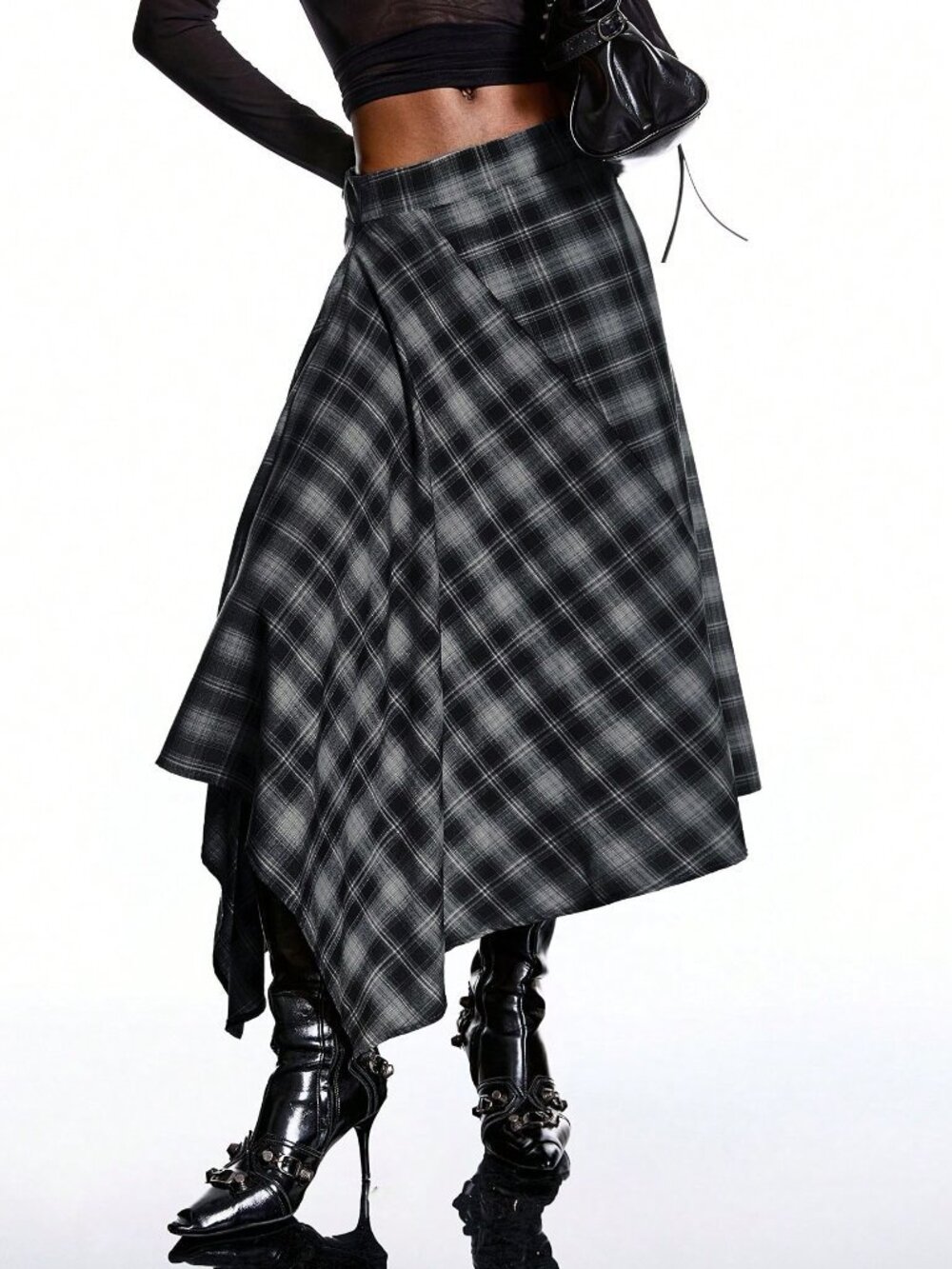 Navy Blue Casual Women's Asymmetrical Hem Plaid Long Skirt